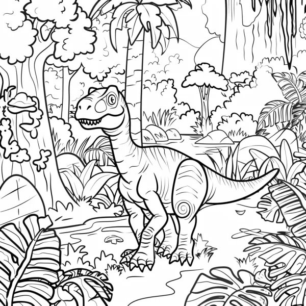 Prehistoric dinosaur in ancient forest, cartoon style — free printable prehistoric creatures coloring book page