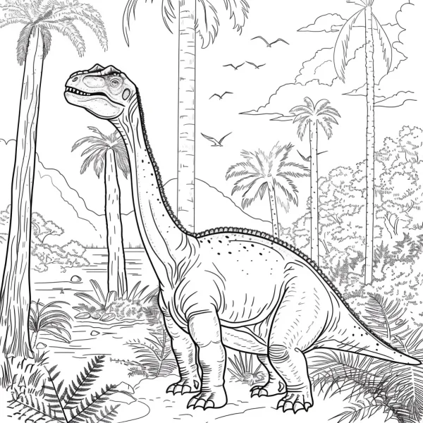 Long-necked dinosaur, realistic line art — free printable dinosaurs coloring book page