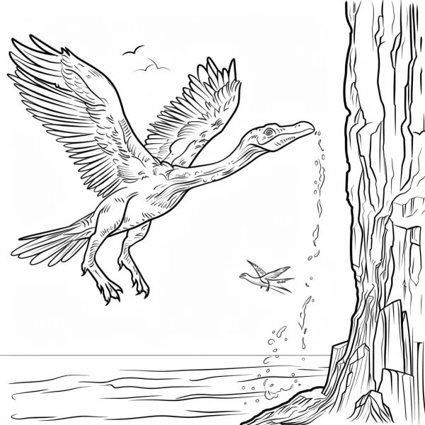 Prehistoric flying bird in flight over ocean near a cliff, realistic line art — free printable prehistoric creatures coloring book page