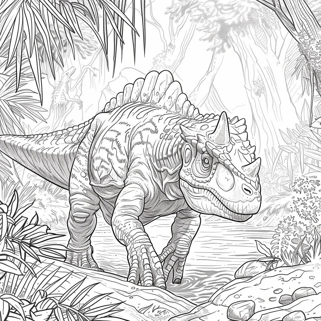 Prehistoric dinosaur in jungle forest, realistic sketch style — realistic style — moderate detail — line art coloring page — for kids and adults of all ages