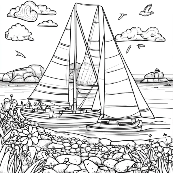 Two sailboats on the seaside, cartoon style — free printable birds coloring book page