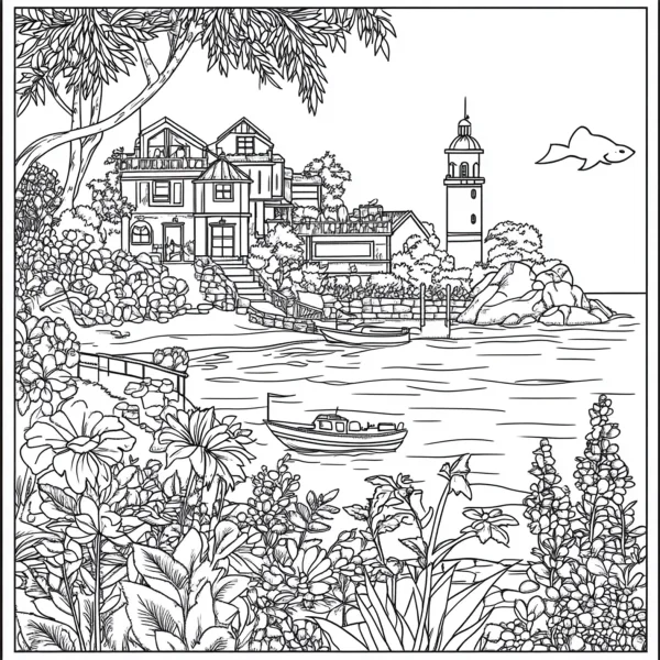 Coastal house with lighthouse landscape, realistic illustration style — free printable leisure coloring book page