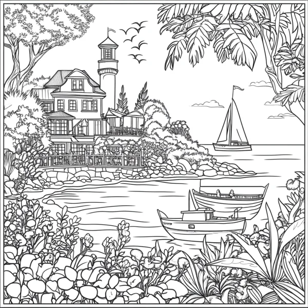 Coastal house with lighthouse, seaside landscape with fishing boats and sailboat — free printable home coloring book page