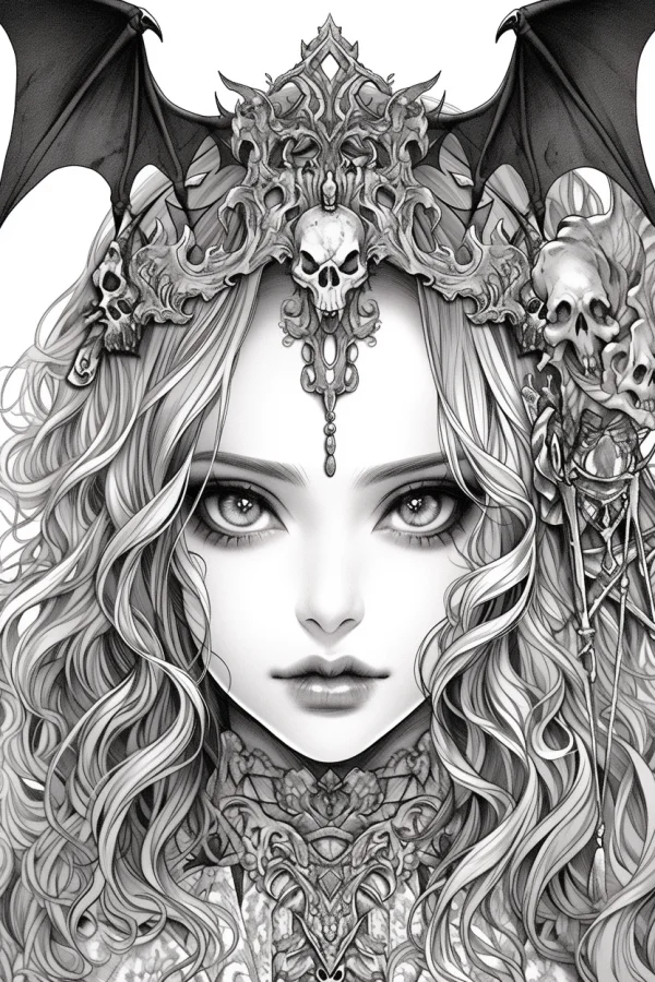 Gothic demon girl with curly long hair, adorned with intricate skull headdress and dark bat wings — free printable gothic coloring book page