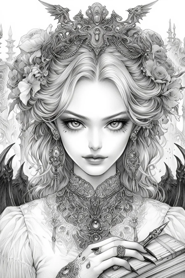 Gothic style elegant noble girl with curly long hair, wearing ornate headpiece with roses and bat decorations — free printable gothic coloring book page