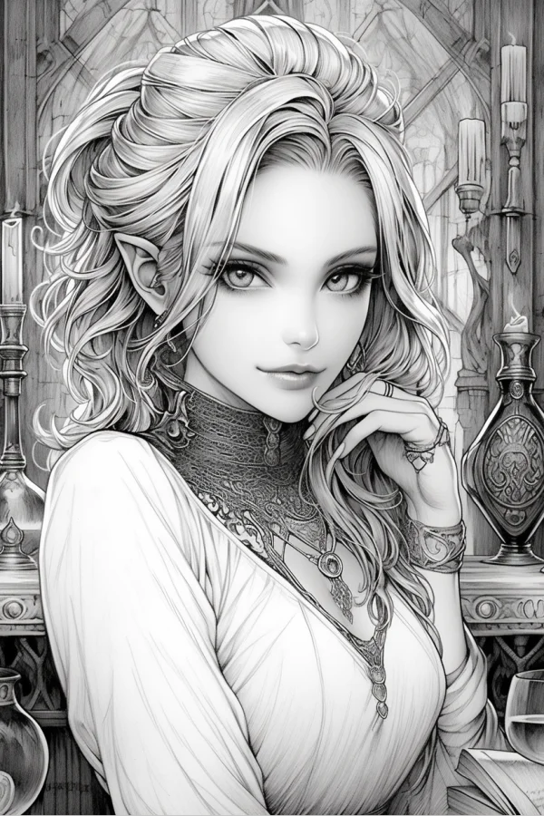 Vintage style elf girl with curly hair and pointed ears, realistic illustration style — free printable elves coloring book page