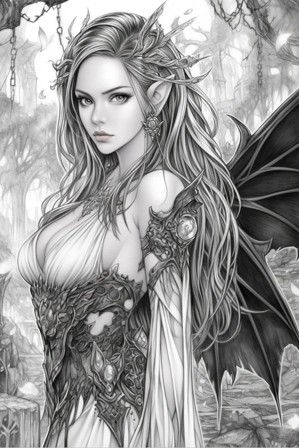 Dark winged elf with ornate gem-encrusted armor, dark fantasy style — free printable elves coloring book page