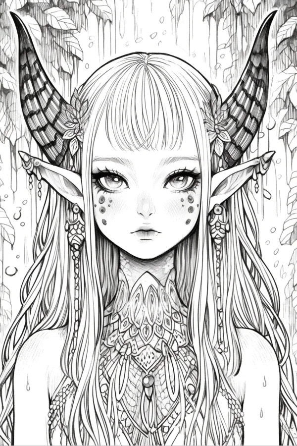 Horned elf girl with long hair and pointed ears, fantasy anime style — free printable elves coloring book page