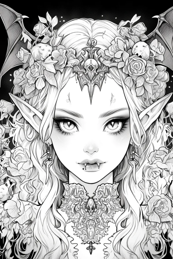 Gothic vampire elf girl with fangs and elf ears, intricate details including bat wings — free printable gothic coloring book page
