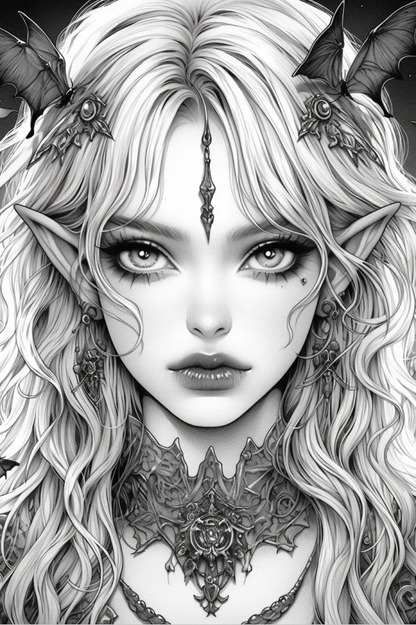 Dark gothic elf girl with bat wing hair accessories, gothic style — free printable gothic coloring book page