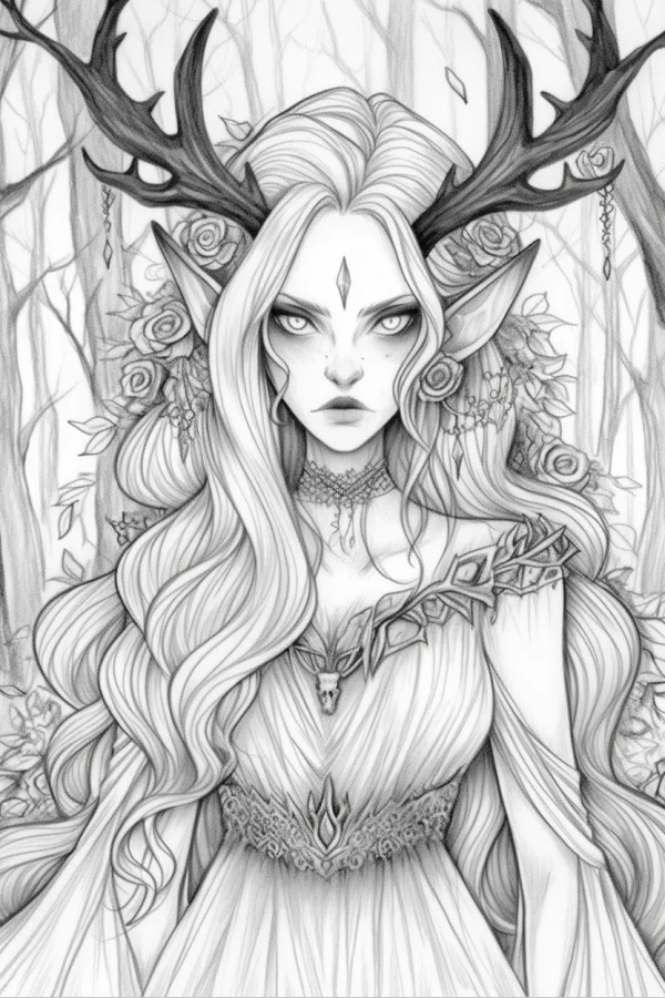 Forest antlered elf, fantasy sketch style — free printable elves coloring book page