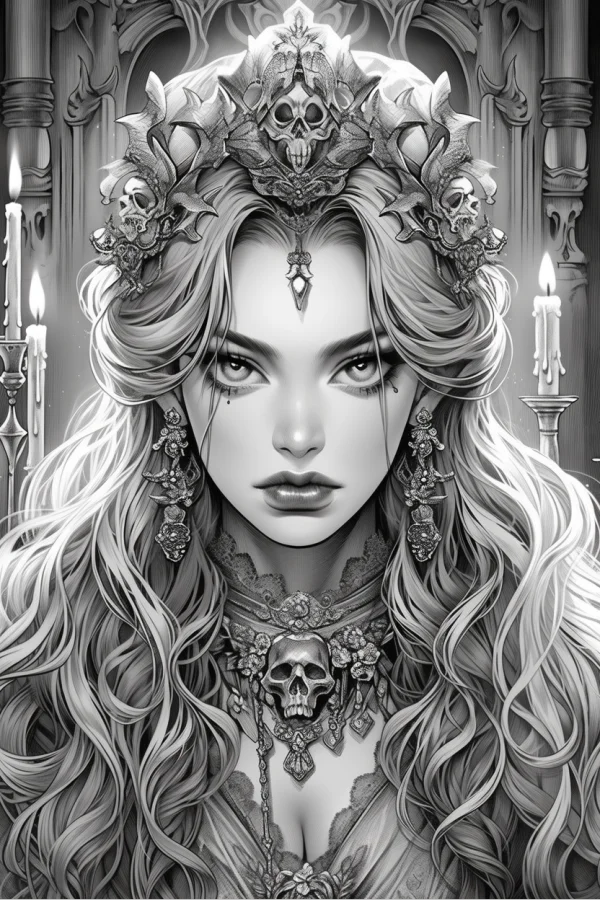 Gothic woman with skull decorations, gothic style — free printable gothic coloring book page