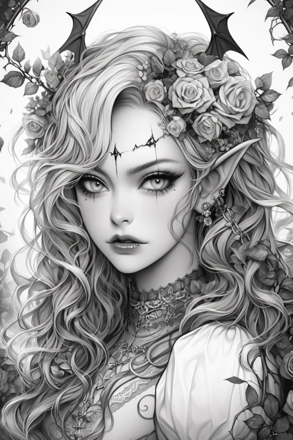 Gothic elf girl with long curly hair, anime gothic style — free printable gothic coloring book page