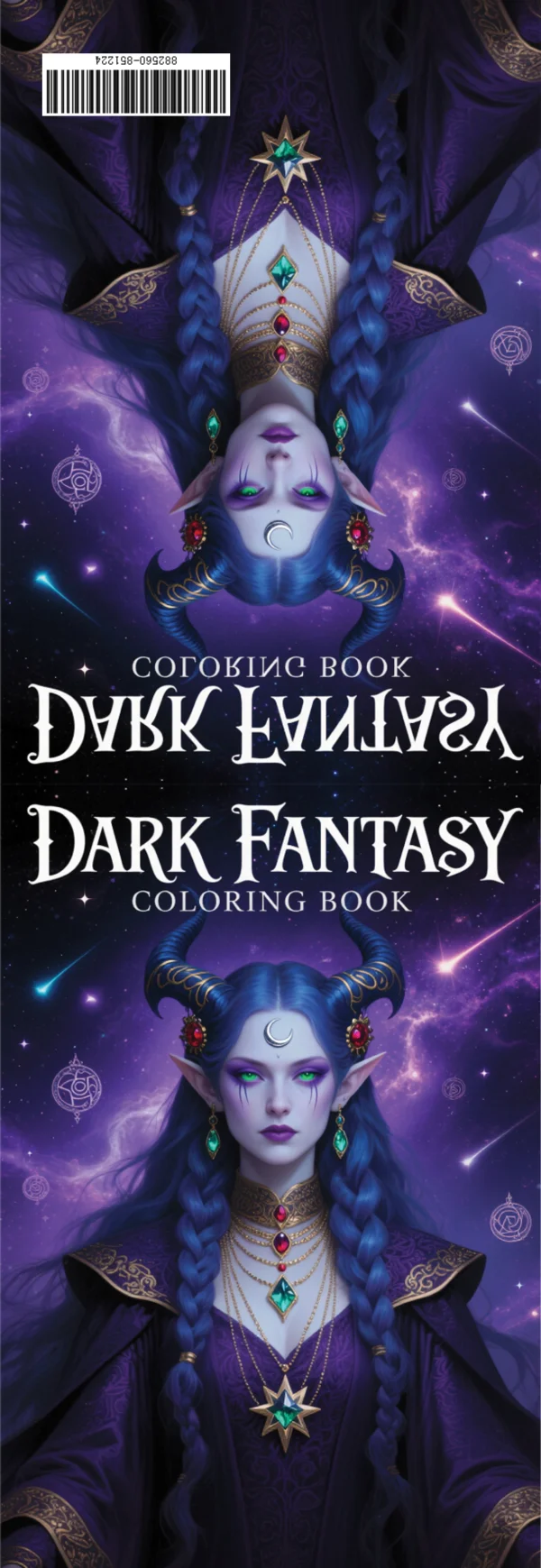 Coloring book cover, dark fantasy elf with blue braids and curved horns — free printable coloring page