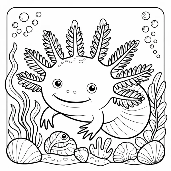 Cute axolotl in underwater scene, cartoon style — free printable amphibians coloring book page