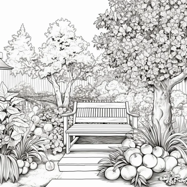 Wooden bench in a cozy garden, realistic sketch style — free printable life theme coloring book page