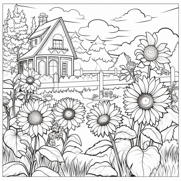 Sunflowers and pastoral cottage, cartoon style — free printable life theme coloring book page
