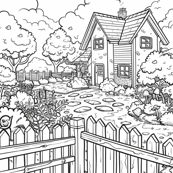 Cozy countryside cottage with wooden fence, cartoon style — free printable rural life coloring book page