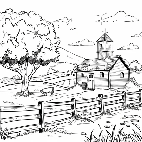 Rural cottage pastoral landscape, realistic line art style — free printable rural life coloring book page