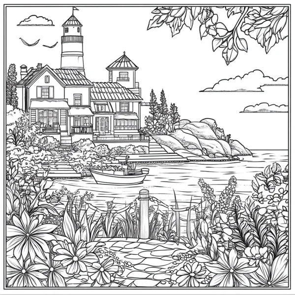 Seaside lighthouse house, realistic illustration style — free printable leisure life coloring book page