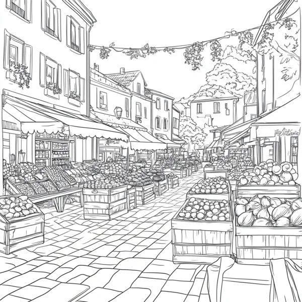 Town fruit and vegetable market scene, realistic illustration style — free printable shopping coloring book page