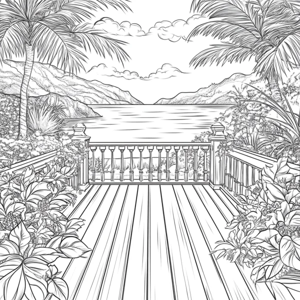 Seaside terrace landscape, realistic line art — free printable travel coloring book page