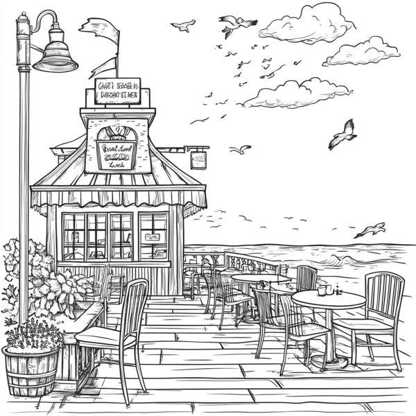 Seaside outdoor cafe with wooden deck, tables and chairs — free printable leisure coloring book page