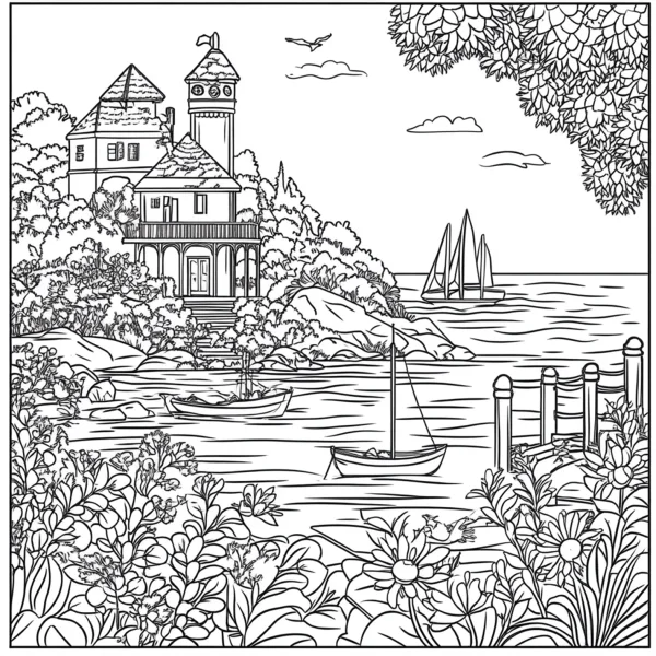Seaside country cottage with tower, realistic line art style — free printable leisure coloring book page