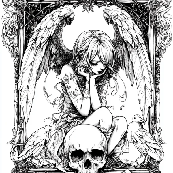 Dark angel with melancholy expression sitting beside a skull and surrounded by crows, gothic style — free printable gothic coloring book page