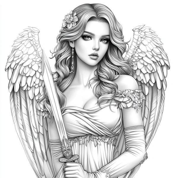 Sword-wielding angel with curly hair and floral decorations, realistic illustration style — free printable mythology coloring book page