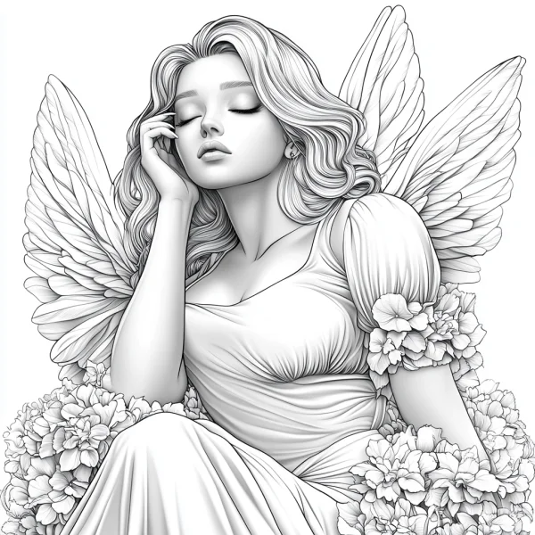Serene closed-eyed winged angel surrounded by blooming flowers, realistic line art style — free printable angel coloring book page