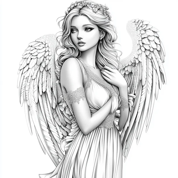 Elegant angel with detailed feather wings, floral crown — free printable mythology coloring book page