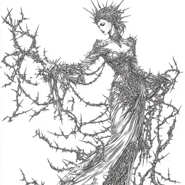 Dark fantasy thorn queen, gothic and fantasy style — free printable gothic coloring book page