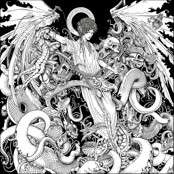 Mythological figure surrounded by multiple dragons, gothic and fantasy style — free printable mythology coloring book page