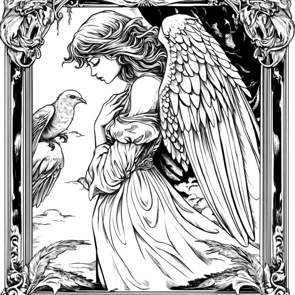 Female angel with large wings, sketch style — free printable mythology coloring book page