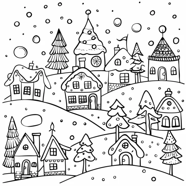 Winter fairy tale town, cartoon style — free printable small town life coloring book page