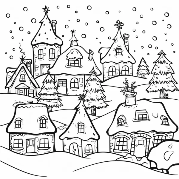 Christmas snow town with cozy cottages, cartoon style — free printable country town coloring book page