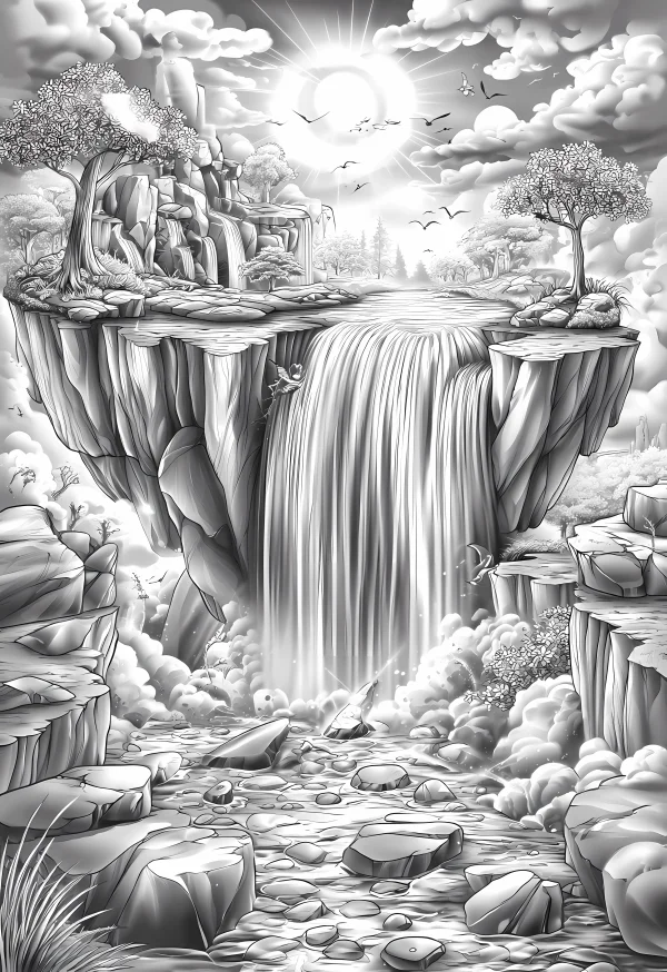 Waterfall landscape with cliffs and trees, sketch style — free printable waterfall coloring book page