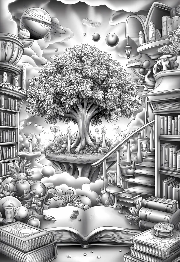 Ancient tree in a fantasy book realm, whimsical illustration style — free printable reading coloring book page
