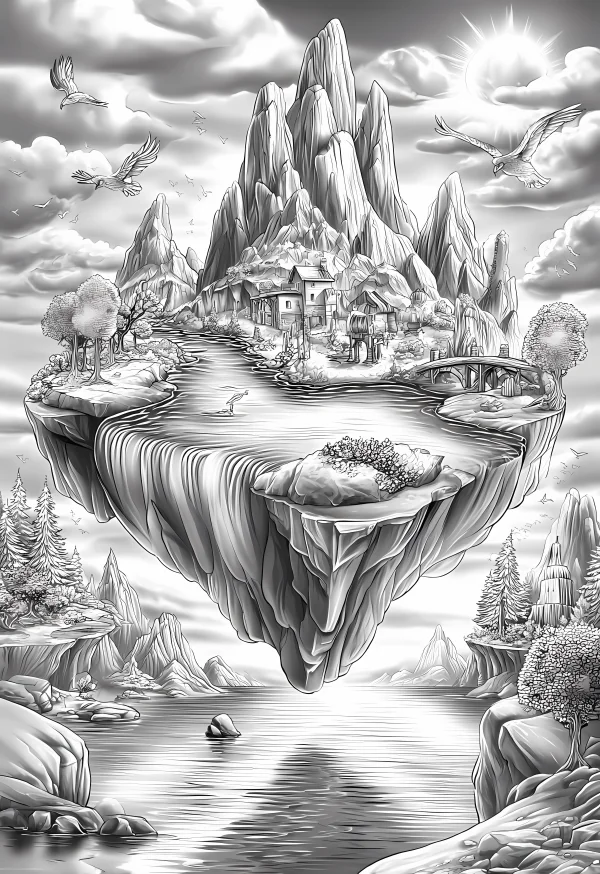Floating mountain village with rivers, fantasy style — free printable forest coloring book page