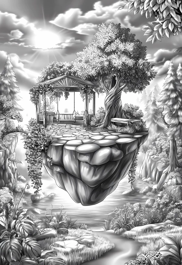 Floating island with wooden gazebo and swing, fantasy natural landscape with large tree — free printable forest coloring book page
