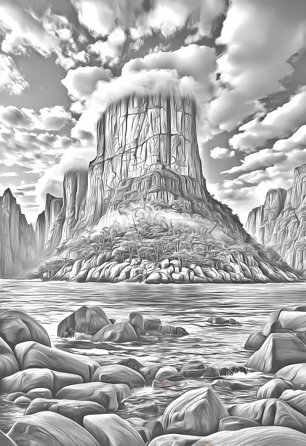 Towering cliff with lakeside rocks, realistic sketch style — free printable mountains and rivers coloring book page
