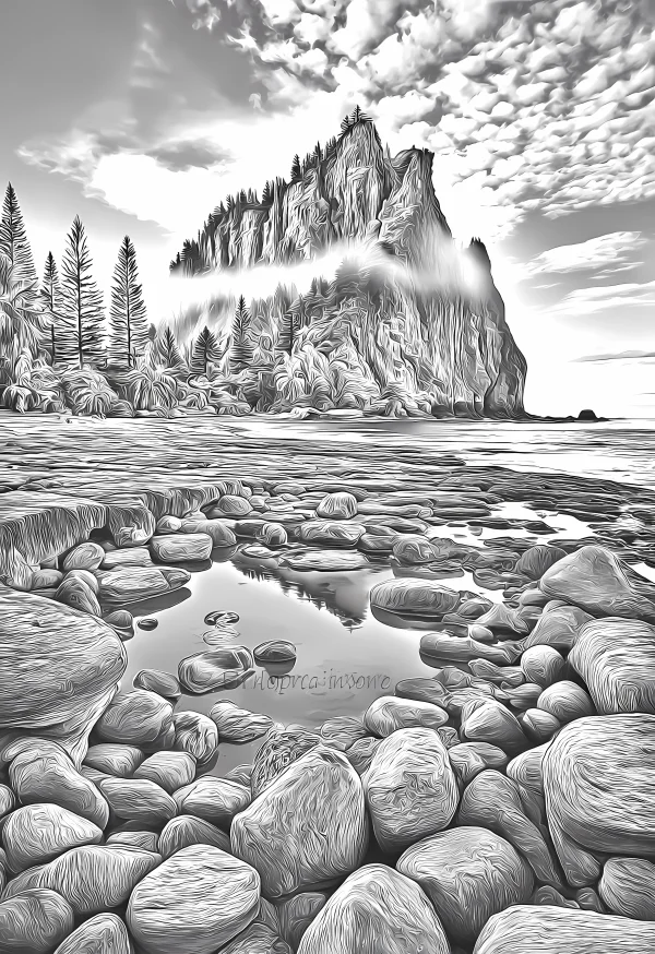 Rocky beach with cliffside mountain and pine trees, realistic style — free printable forest coloring book page
