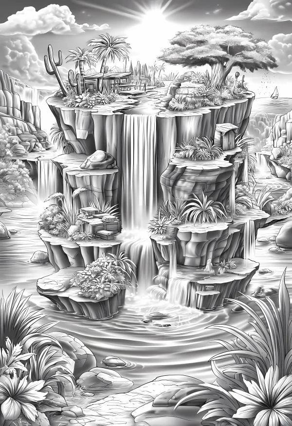 Tropical waterfall natural landscape with rock formations, realistic illustration style — free printable waterfall coloring book page