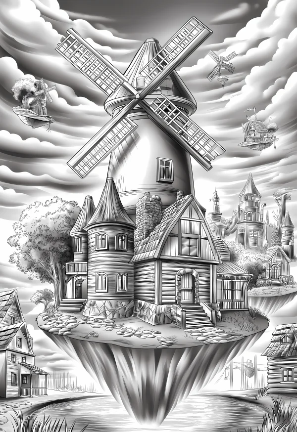 Floating windmill wooden village, fantasy illustration sketch style — free printable countryside coloring book page