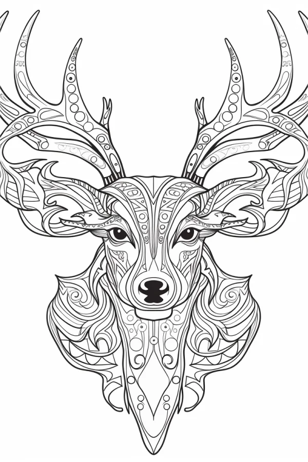Tribal style deer head with antlers, symmetrical mandala-inspired intricate patterns — free printable totem culture coloring book page
