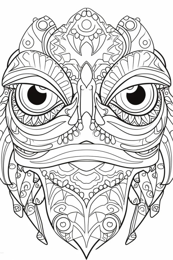 Totem-style frog head, mandala inspired intricate symmetrical patterns — free printable totem coloring book page
