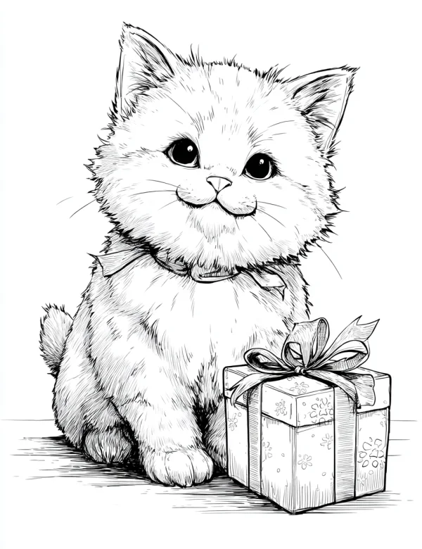 Cute kitten with bell collar sitting beside gift box with bow, cartoon hand-drawn style — free printable birthday coloring book page