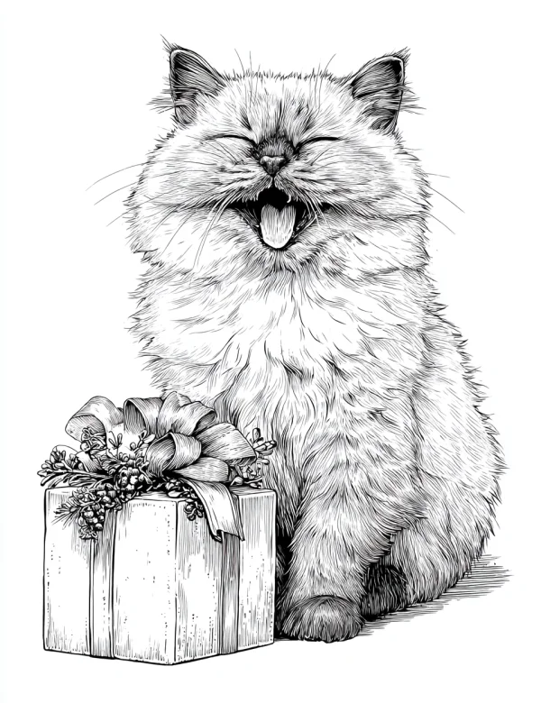 Happy long-haired cat with a gift box, realistic illustration style — free printable birthday coloring book page