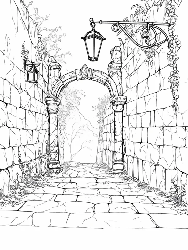 Medieval stone archway passage, realistic style — free printable medieval scene coloring book page